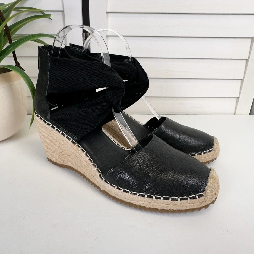 Eileen Fisher Black Wallis Espadrille Wedge Sandals Ankle Wrap Zip Shoe Size 9.5